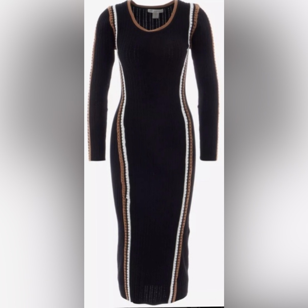 CAMILA COELHO Long Sleeve Knit Bodycon Midi Dress Black Brown White Small